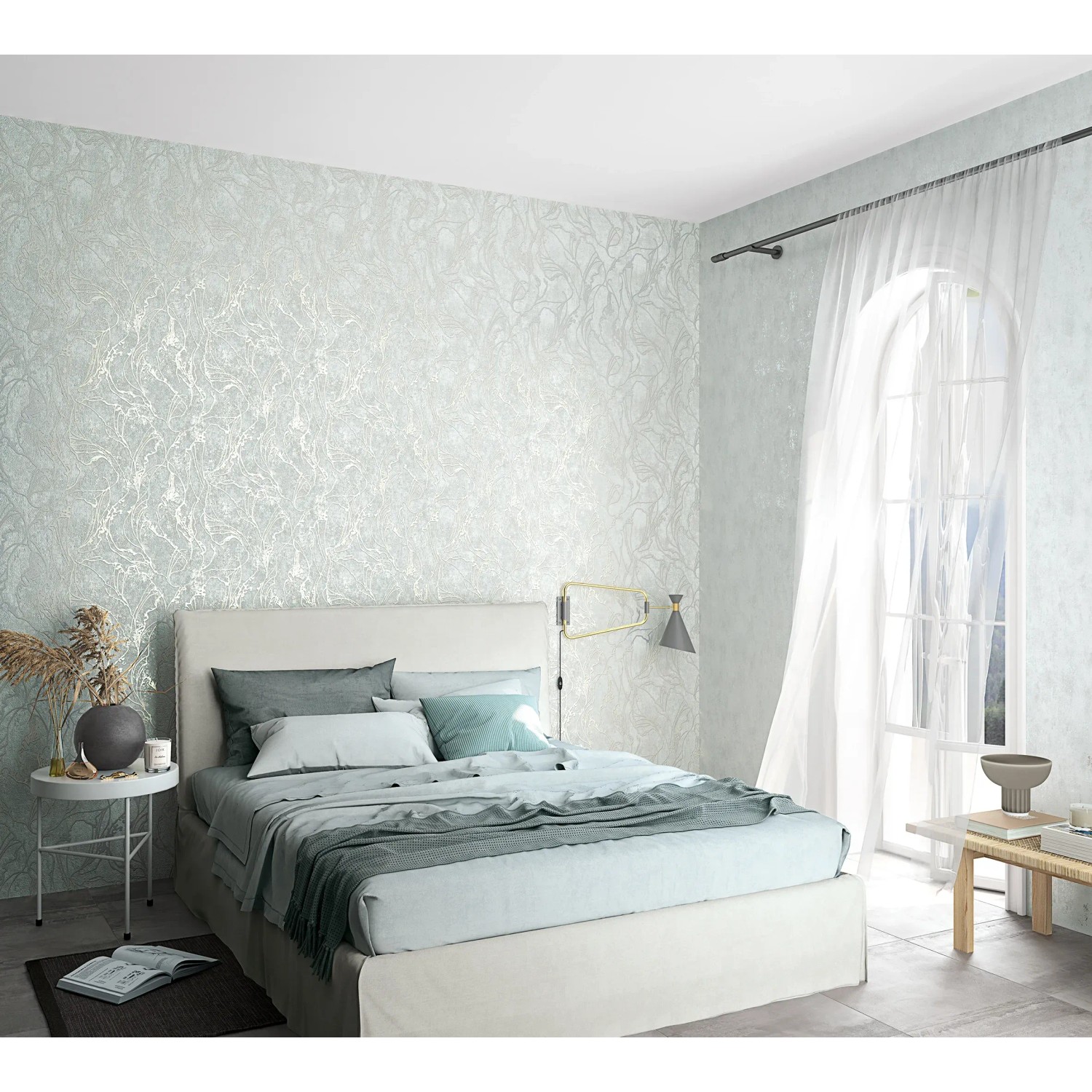 Marburg Vliestapete grau-beige mit geschwungenen Linien im Schlafzimmer.