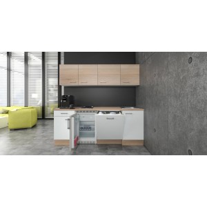 Flex-Well Classic Büroküche Florida, 210 cm, Weiß und Sonoma Eiche mit E-Geräten.