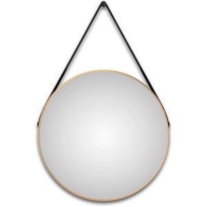 Runder DSK Design LED-Lichtspiegel Silver Barbier Ø 80 cm mit goldenem Rahmen und Lederband.