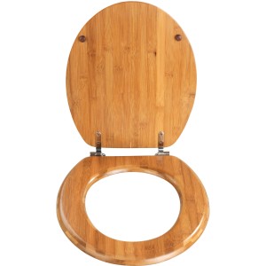 Offener WC-Sitz aus braunem Bambus mit Chrom-Metallbefestigung.