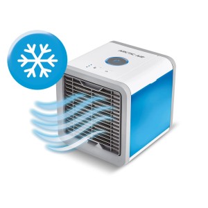 Livington ArcticAir Klimagerät, weiß-blau, mit Luftstrom und Schneeflocken-Symbol.