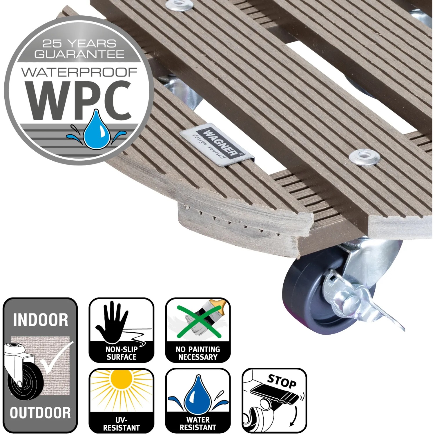 Wagner WPC Pflanzenroller Ø 29cm in Taupe mit Rollen und Feststellbremse für den Innen- und Außenbereich.