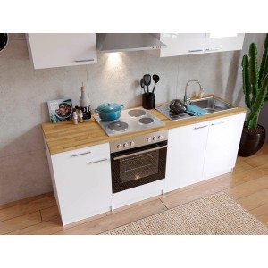 Respekta Küchenzeile KB210WW, 210 cm, Weiß, mit Herd, Kochfeld, Spüle und Kaminhaube.