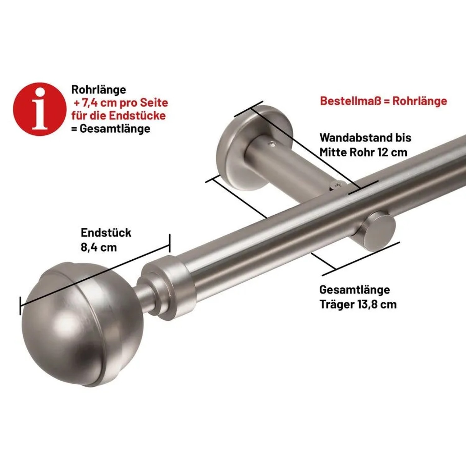 Deco-Raum Gardinenstange 1-Lauf Kugel Edelstahl-optik, Ø 25mm. Detaillierte Ansicht mit Maßen für Endstück, Wandabstand, Träger.