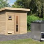 Karibu Saunahaus Arvi 3 Set mit Ofen und externer Steuerung, naturbelassenes Holz.
