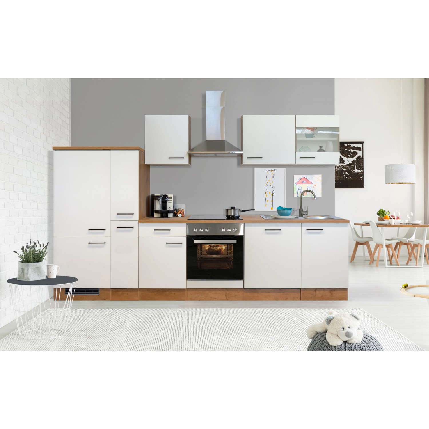 Flex-Well Küchenzeile Vintea 310 cm, Magnolia/Lancelot Oak, mit E-Geräten und Spüle.