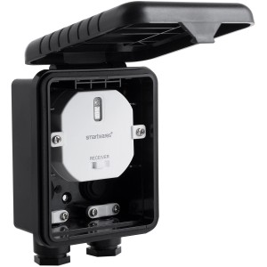 Smartwares Außen-Einbauschalter mit Anschlussdose, schwarzes Gehäuse mit geöffnetem Deckel.