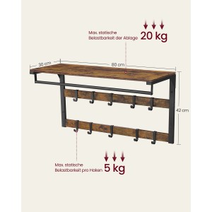 Vasagle Wandgarderobe in Braun-Schwarz mit Ablage, Haken und Kleiderstange.