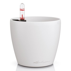 Weißes Lechuza Classico Color Pflanzgefäß, 13 cm Durchmesser, mit Wasserstandsanzeiger.
