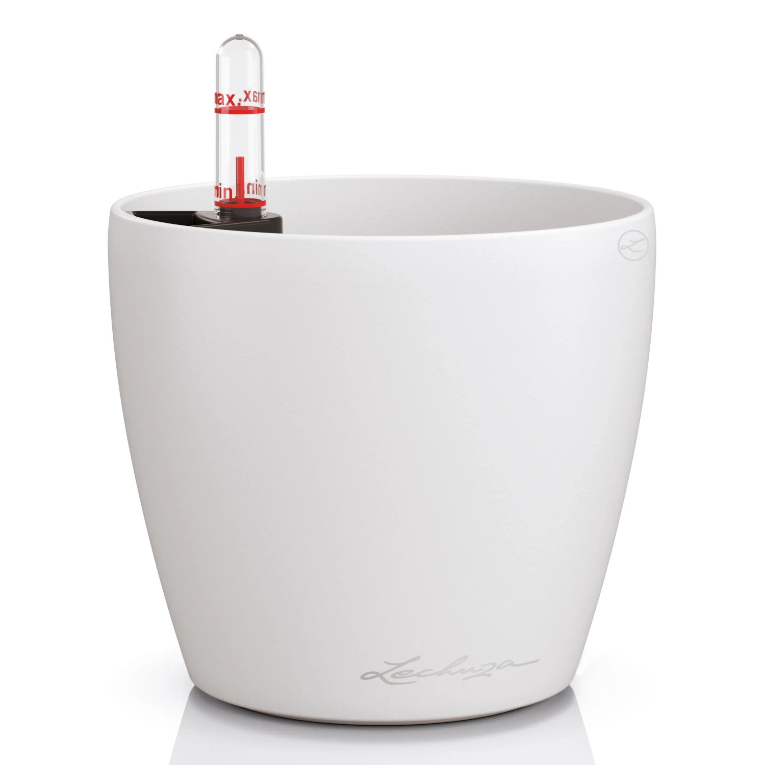 Weißes Lechuza Classico Color Pflanzgefäß, 13 cm Durchmesser, mit Wasserstandsanzeiger.