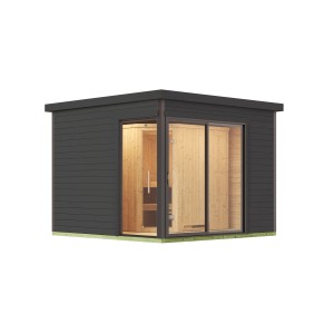 Modernes Design-Saunahaus 412 Sparset in Graphitgrau mit breiter Glasschiebetür und Saunaofen.