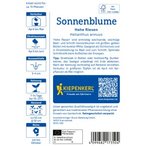 Kiepenkerl Sonnenblume Hohe Riesen Samenpackung mit Infos zu Aussaat und Pflege.