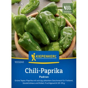 Kiepenkerl Saatgut Chili-Paprika Padron, grüne, längliche Paprika in Holzschale.