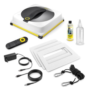 Kärcher Fensterputzroboter RCW 4 Set mit Fernbedienung, Reinigungsmittel, Pads und Sicherungsseil für klare Fenster.