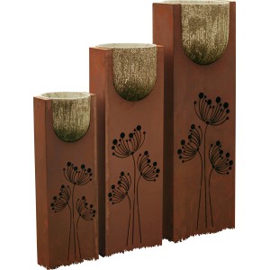 Ferrum Art Design Säulen-Set Stone, 3 Säulen in Rostoptik mit Kalkbetontöpfen und Blumenornamenten.