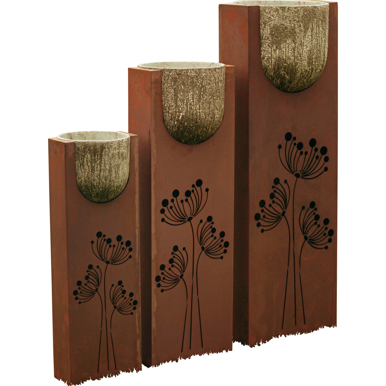 Ferrum Art Design Säulen-Set Stone, 3 Säulen in Rostoptik mit Kalkbetontöpfen und Blumenornamenten.