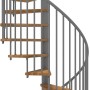 Minka Spindeltreppe Spiral Smart, Eiche Grau, Ø160 cm. Wendeltreppe mit Holzstufen und grauem Metallgeländer.