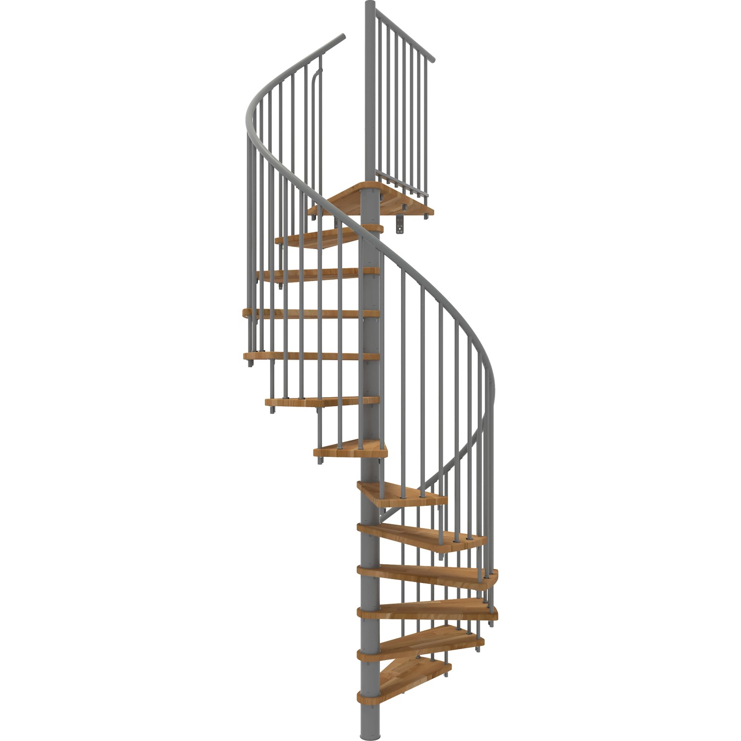 Minka Spindeltreppe Spiral Smart, Eiche Grau, Ø160 cm. Wendeltreppe mit Holzstufen und grauem Metallgeländer.