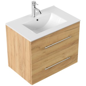 Posseik Badmöbel-Set Homeline 70 in Eiche Gold mit Waschbecken und zwei Schubladen.