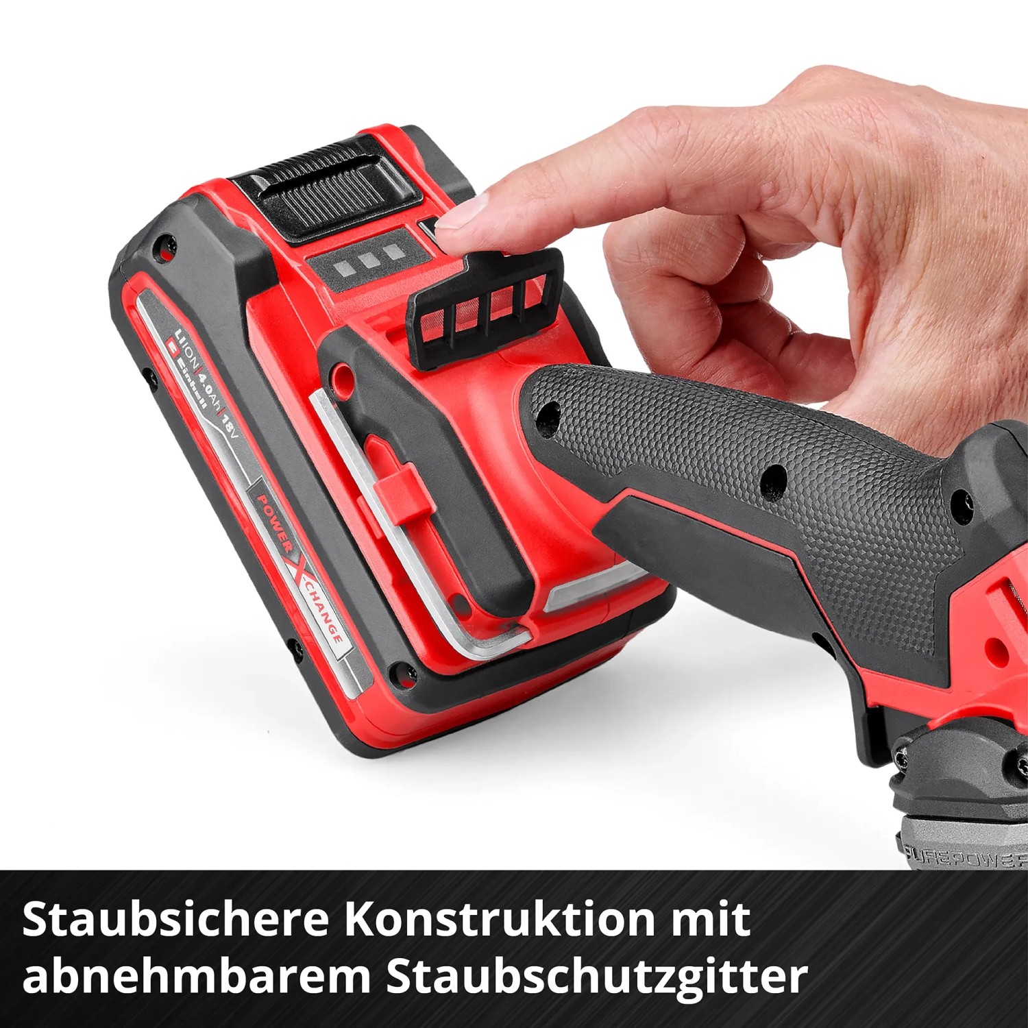 Einhell Akku-Trennschleifer TP-CO 18/76-C: Detailaufnahme von Akku und Handgriff in Rot-Schwarz.