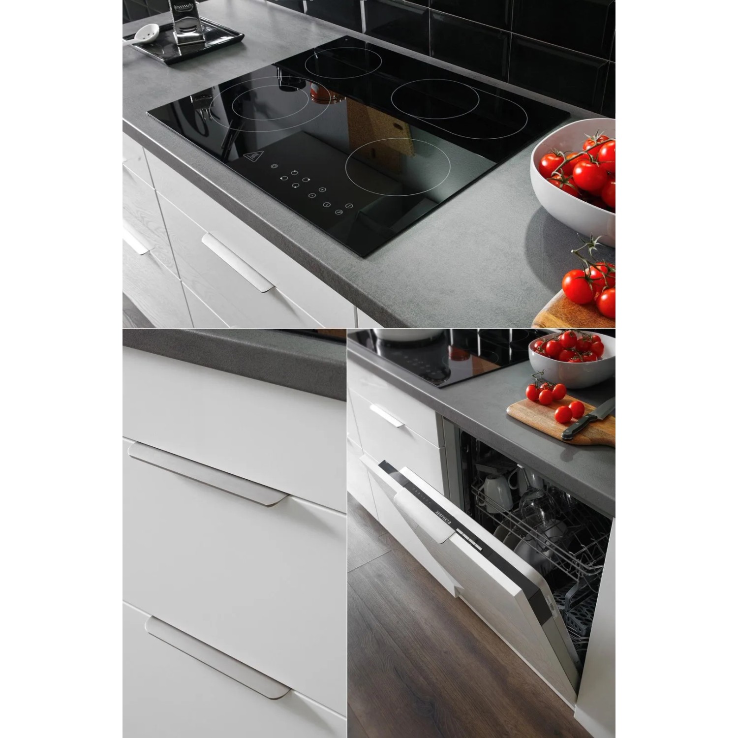 Respekta Küchenzeile Elisabeth RS370WWH 370 cm Weiß mit Glaskeramikkochfeld, Geschirrspüler und Einbaukühlschrank.