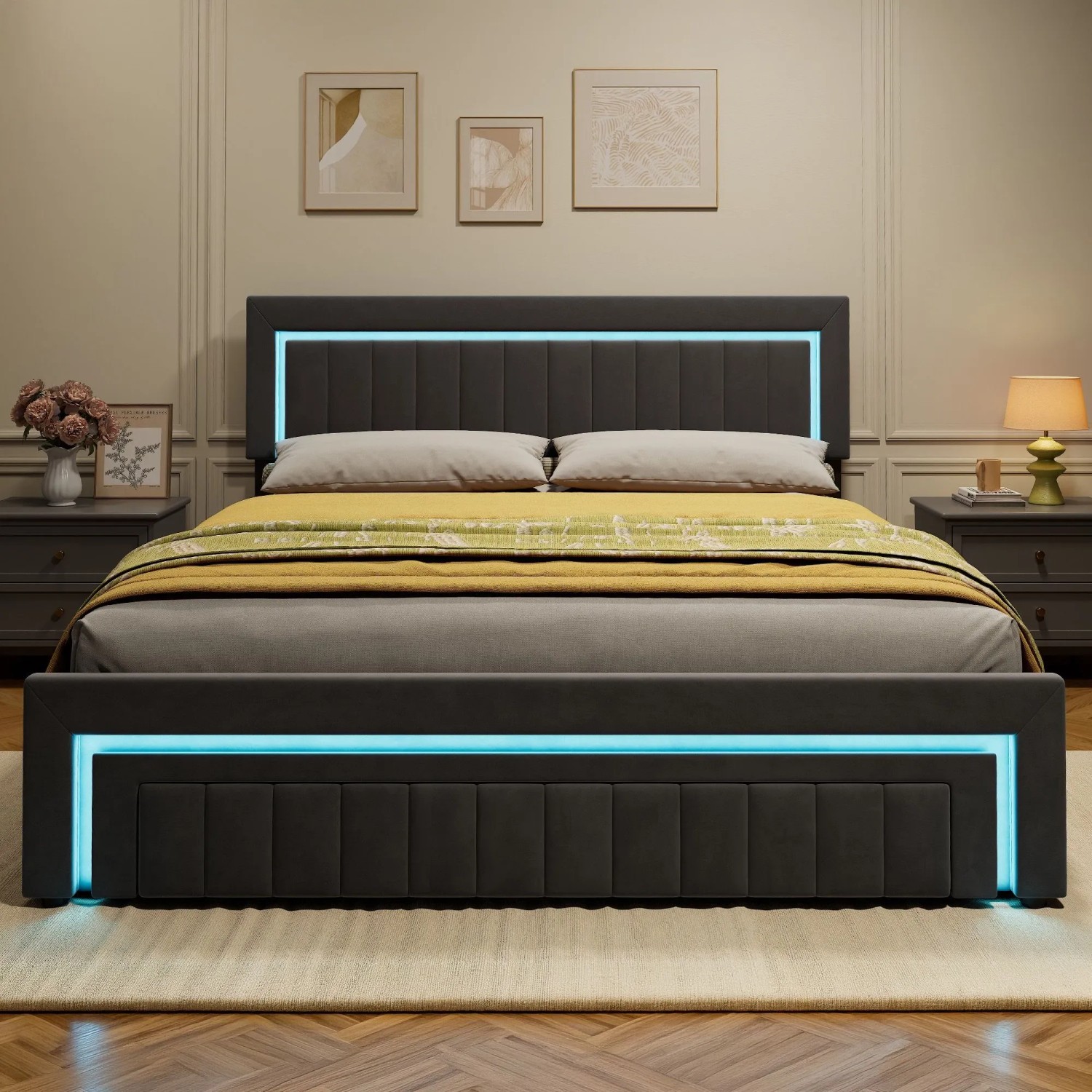 okwish Polsterbett mit LED Beleuchtung Schubladen Jugendzimmer 180x200cm Grau_10
