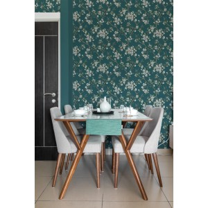 Boutique Vliestapete Eliza Teal mit Blumenmuster im Esszimmer.