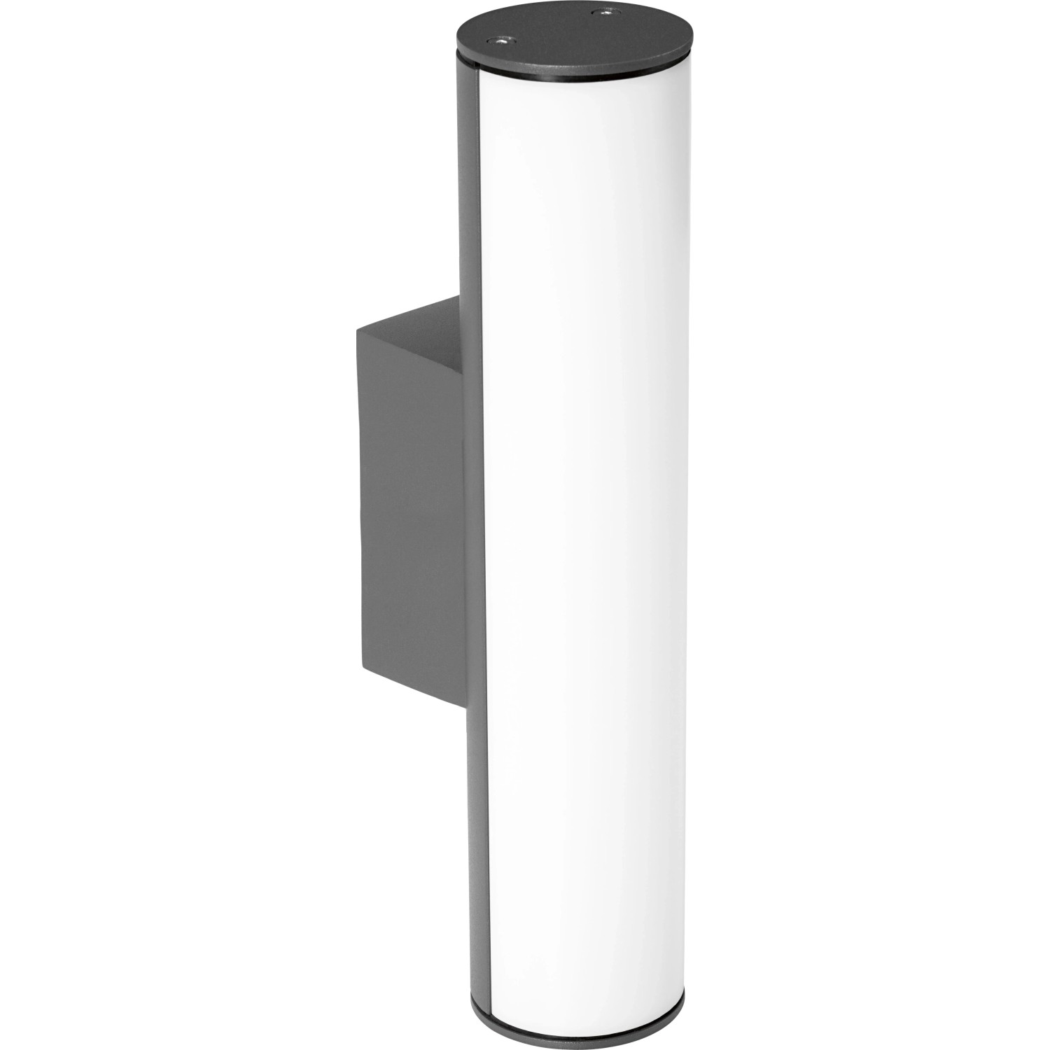 Moderne, dunkelgraue OBI LIGHTING LED-Außenwandleuchte Luino mit zylindrischem, weißem Schirm.