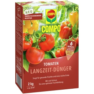 Compo Tomaten Langzeit-Dünger 2kg Packung mit Tomaten, Paprika und Erbsen.