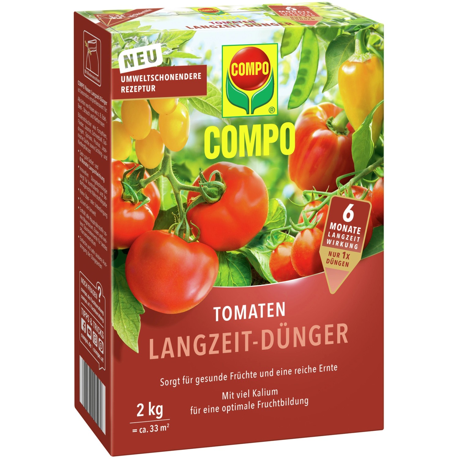 Compo Tomaten Langzeit-Dünger 2kg Packung mit Tomaten, Paprika und Erbsen.