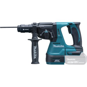 Makita Bohrhammer DHR243Z: Akku-Bohrhammer in Türkis und Schwarz mit Zusatzhandgriff.