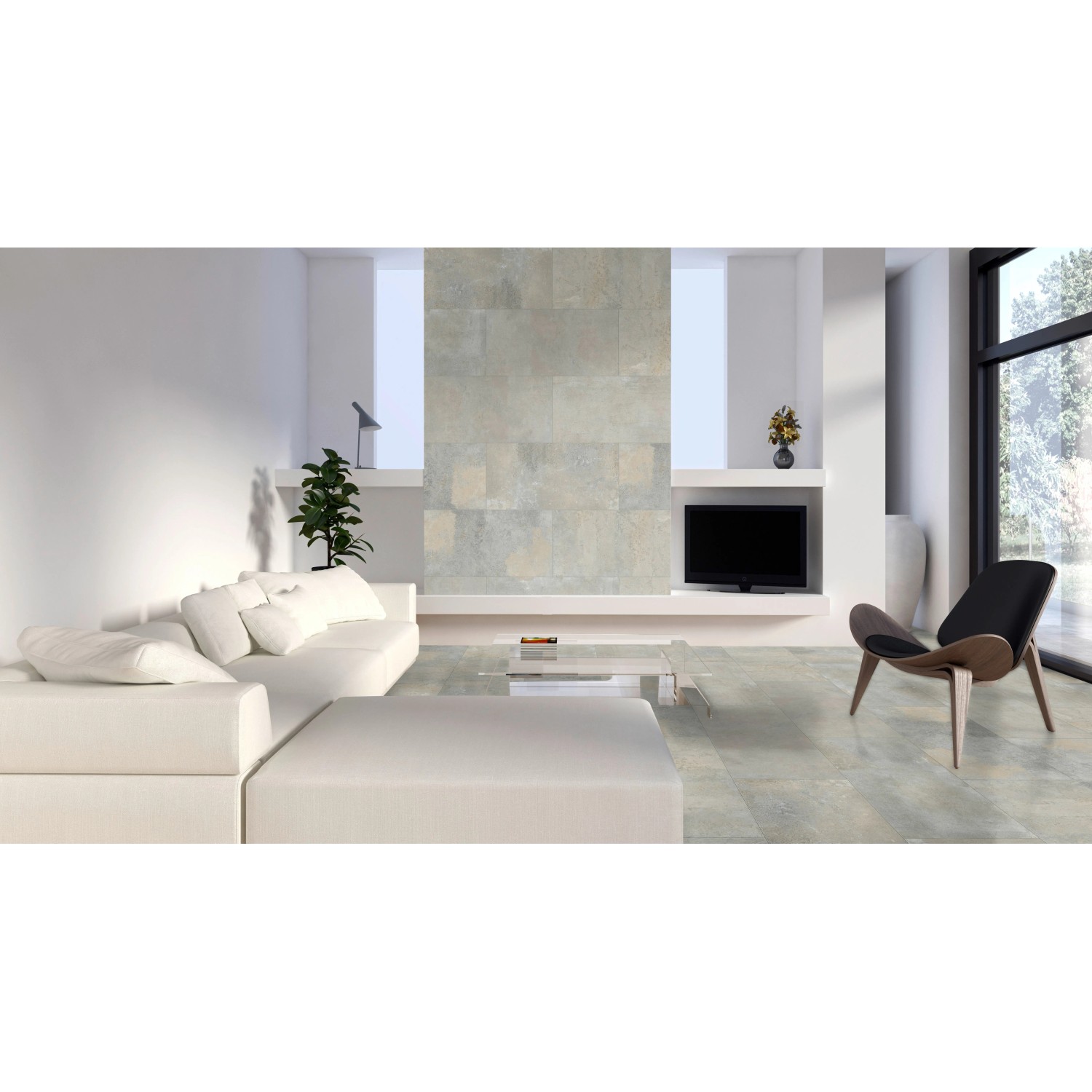 Wohnraum mit Classen Ceramin Fliese Neo Vario Marino in Steinoptik als Boden und Wand.
