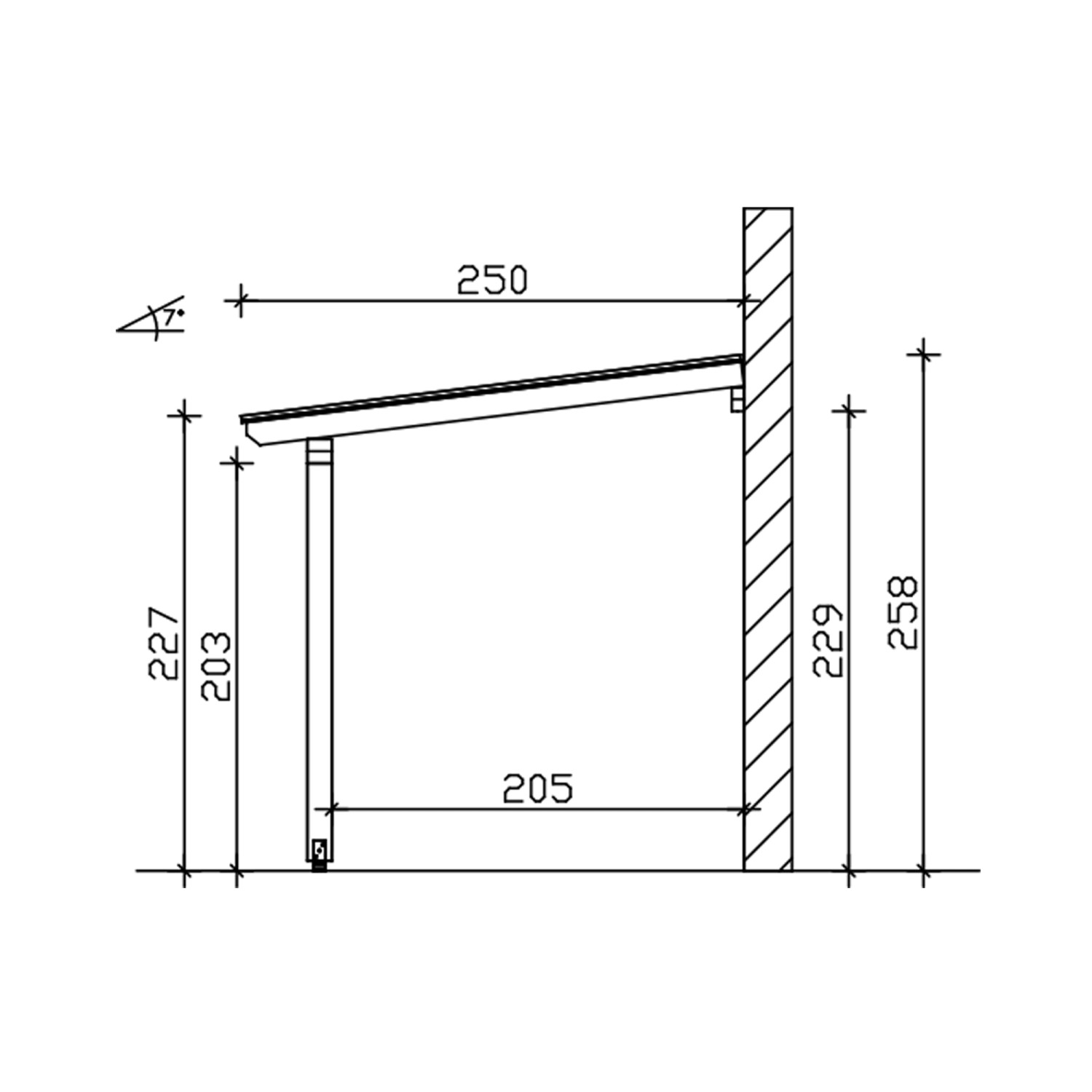 Technische Zeichnung der Skan Holz Terrassenüberdachung Bormio 434x250 cm mit Maßangaben.