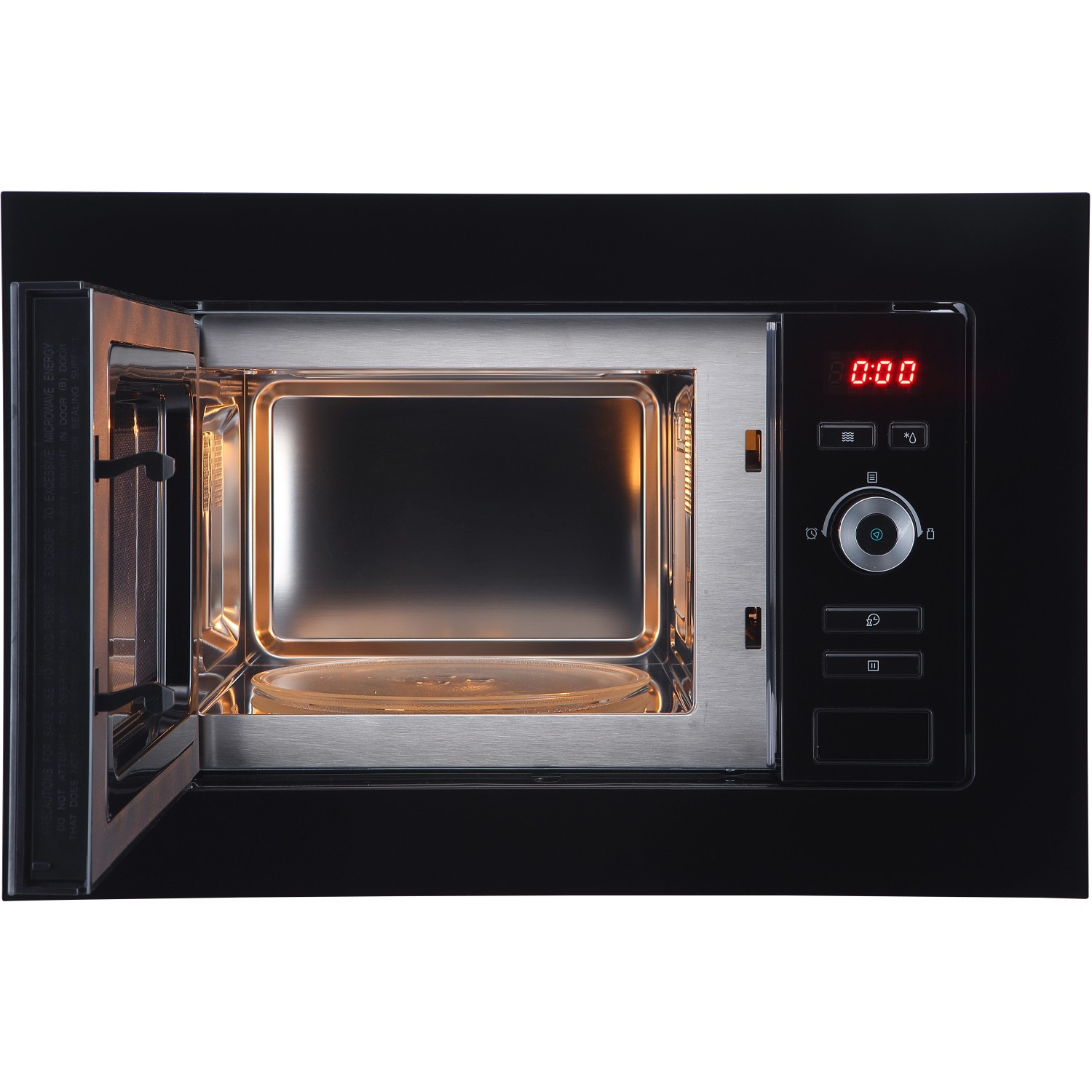 Respekta Einbau-Mikrowelle MW733 für Küchenzeile Marleen, schwarzes Design mit geöffneter Tür.