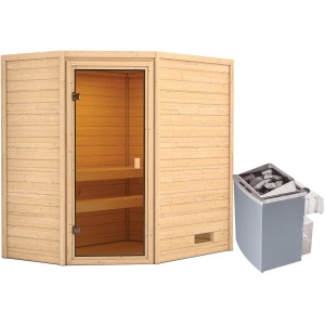 Woodfeeling Sauna Jella mit bronzierter Glastür und 9 kW Ofen.