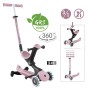 Beerenfarbenes Globber Go-Up Deluxe Lights 360 3-in-1 Kinderfahrzeug: Aufsitzrad, Laufrad, Scooter mit leuchtenden LED-Rädern.
