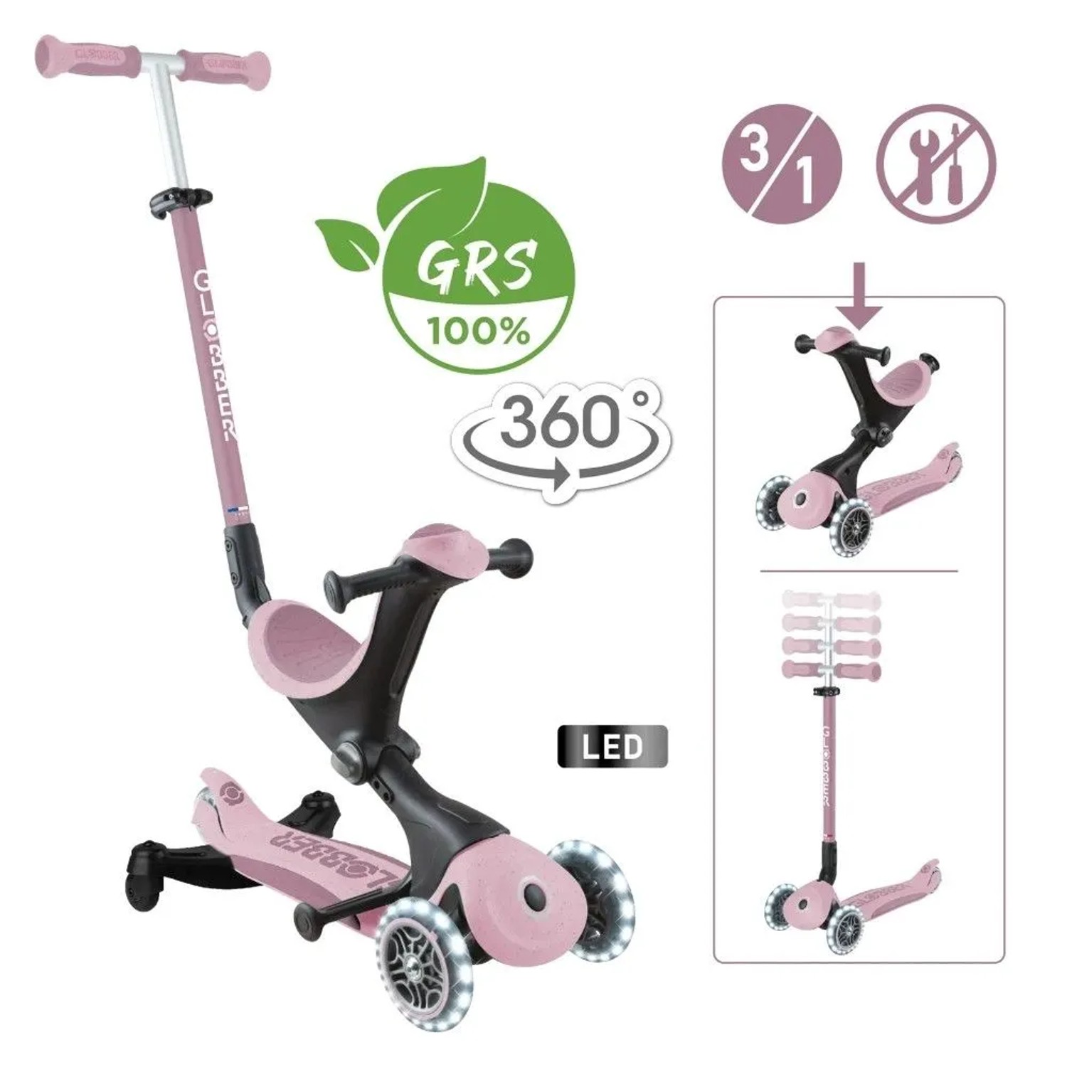 Beerenfarbenes Globber Go-Up Deluxe Lights 360 3-in-1 Kinderfahrzeug: Aufsitzrad, Laufrad, Scooter mit leuchtenden LED-Rädern.