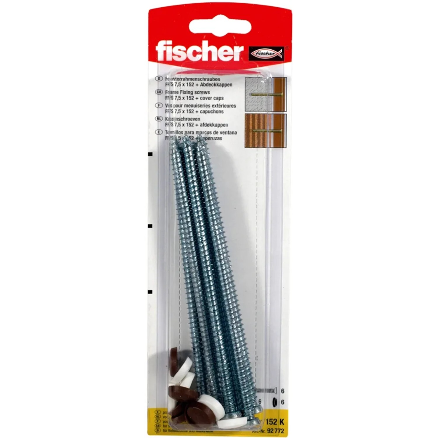 Fischer Fensterrahmenschrauben FFS 7,5 x 152 mm, 6 Stück im Set mit Abdeckkappen.