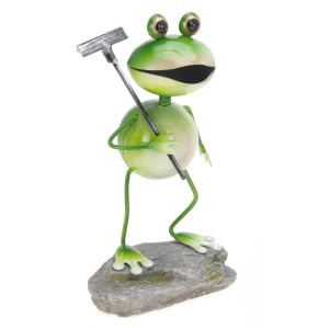 Fröhlicher Deko-Frosch aus Metall auf Stein, 14,5 cm hoch, für die Gartendekoration.