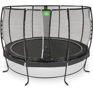 Schwarzes EXIT Lotus Premium Trampolin Ø 366 cm mit Sicherheitsnetz für den Garten.