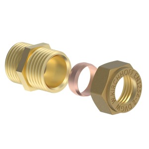 Kirchhoff Übergangsstück 15 mm x 21 mm, Klemmfitting für Kupferrohr, blankes Messing.