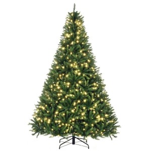 Grüner künstlicher Weihnachtsbaum aus Kunststoff mit warmweißen LEDs und Metallständer, 210 cm hoch. Weihnachtsdekoration.