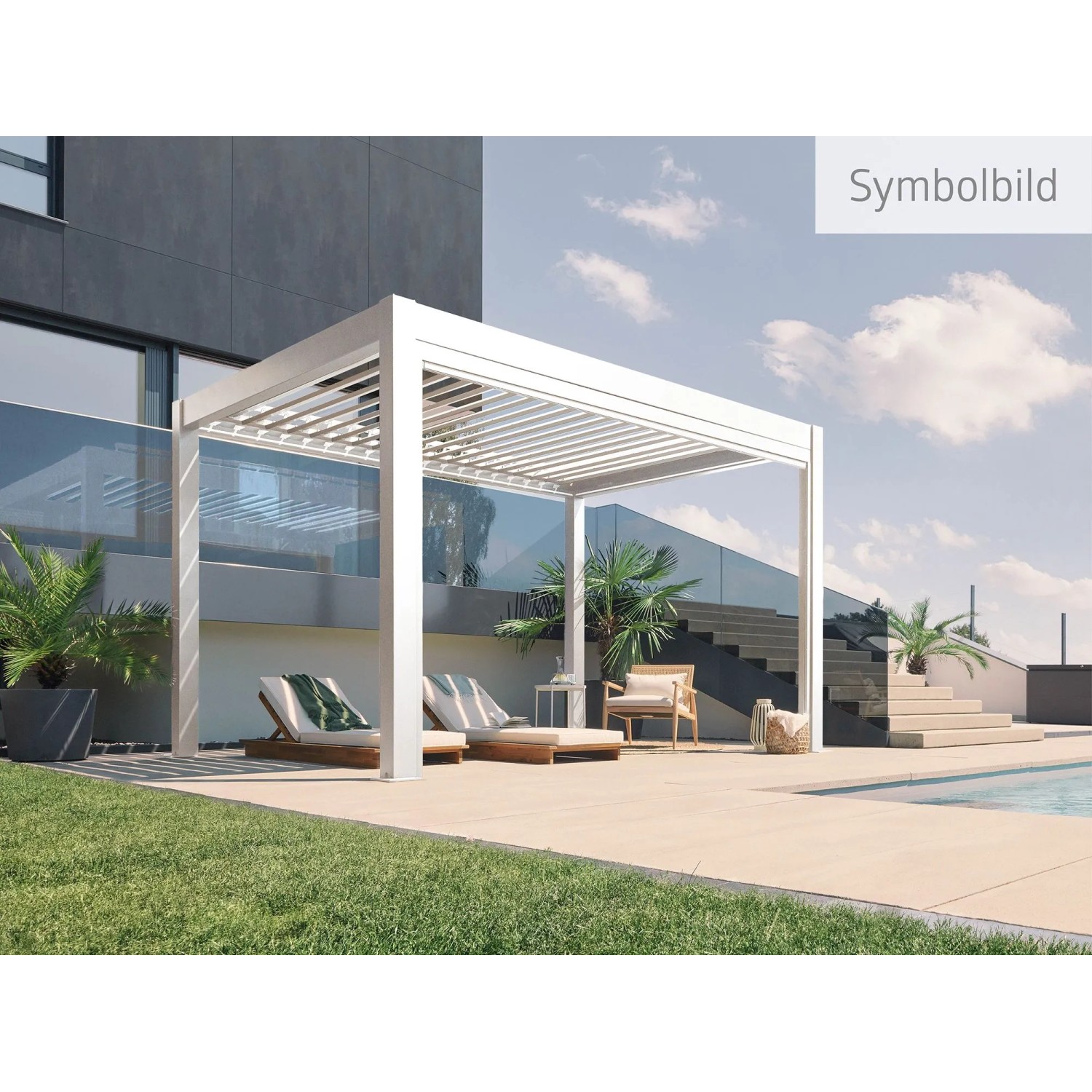 Biohort Pergola 3x3 m in Weiß-Silber, moderne Terrassenüberdachung mit verstellbaren Lamellen.