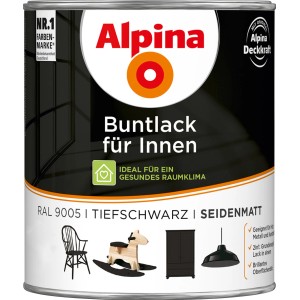 Dose Alpina Buntlack Tiefschwarz seidenmatt für Innen, geeignet für Holz, Metall und Kunststoff.