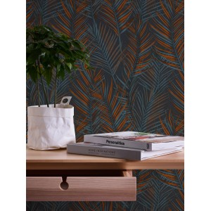 A.S. Création Vliestapete Dschungel, schwarz-orange mit Palmenmuster auf dunklem Grund.