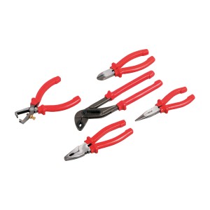 5-teiliger Zangensatz mit roten Kunststoffgriffen: Wasserpumpenzange, Kombizange, Seitenschneider, Telefonzange, Abisolierzange.