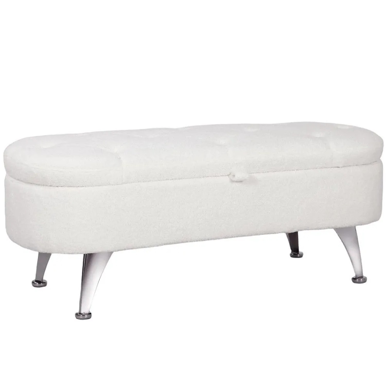 Weiße HOMCOM Sitzbank mit Stauraum, oval, getufteter Polyester-Bezug, silberne Metallbeine. Vielseitig einsetzbar.