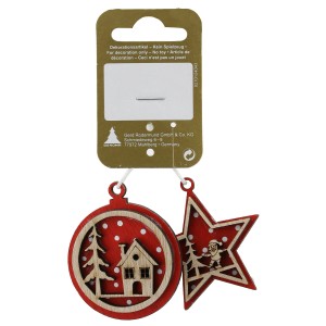 Deko-Stern- und Kugel-Hänger, Holz, rot, 2er-Set, Weihnachtsbaumschmuck mit Haus- und Weihnachtsmann-Motiv.