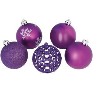 Weihnachtskugel-Set, 25-teilig, lila, verschiedene Oberflächen (glänzend, matt, Glitzer, Schneeflocken, Lochmuster)