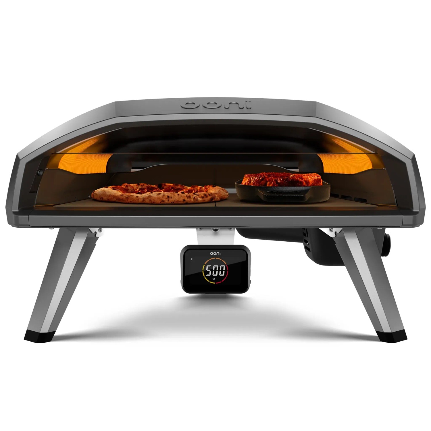 Ooni Koda 2 Pro Gas-Pizzaofen, 2. Generation, schwarzgrau, mit Pizza und Steak im Ofen.